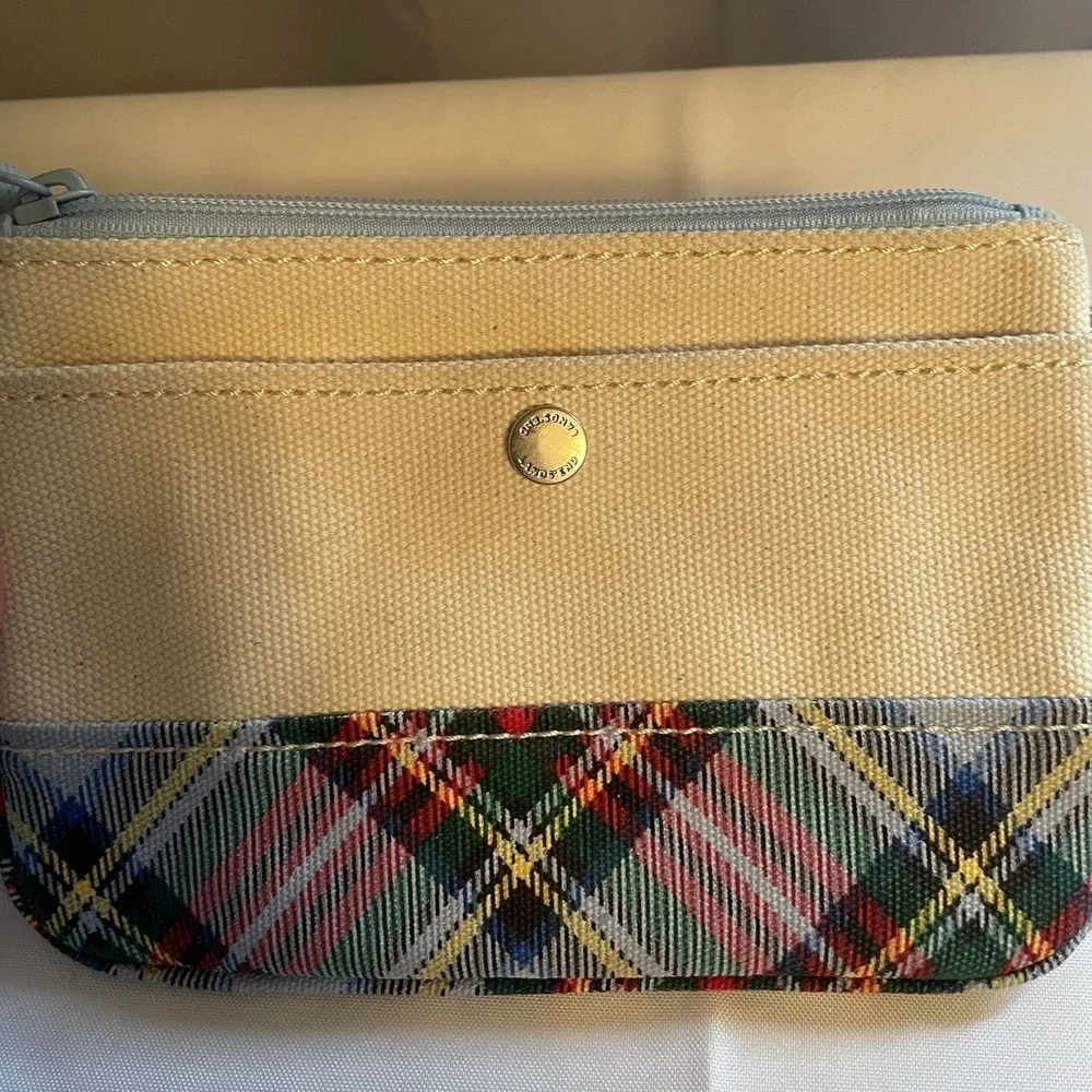 LANDS' END Plaid Cotton Canvas Wristlet Zip Pouch Purse Beige Red Blue